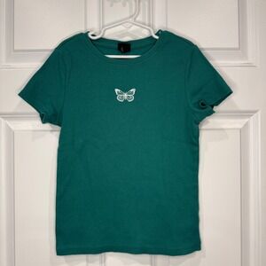 Art Class Girls Ribbed Short Sleeve Butterfly Embroidered Tee Green Size L 10/12
